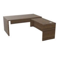 Table rectangulaire Kara L. 170 cm x 200. cm mélamine noyer brun avec retour aligné piètement panneau mélamine noyer brun + voile de fond