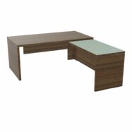 Table rectangulaire Kara L. 170 cm x 200. cm mélamine noyer brun avec retour aligné top verre émaillé blanc piètement panneau mélamine noyer brun + voile de fond