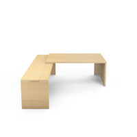 Table rectangulaire Kara L. 210 cm x 200. cm mélamine chêne clair avec retour débordant piètement panneau mélamine chêne clair + voile de fond