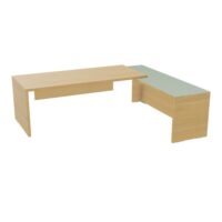 Table rectangulaire Kara L. 240 cm x 200. cm mélamine chêne clair avec retour débordant top verre émaillé blanc piètement panneau mélamine chêne clair + voile de fond