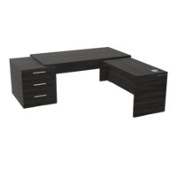 Table rectangulaire Kara sur caisson porteur 3 tiroirs L. 210 cm x 200. cm 2 tops mélamine chêne café avec retour aligné piètement panneau mélamine chêne café + voile de fond