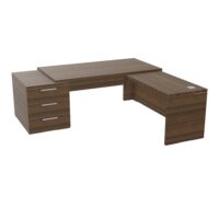 3636714N6, Kara Table rectangulaire Kara sur caisson porteur 3 tiroirs L. 210 cm x 200. cm 2 tops mélamine noyer brun avec retour aligné piètement panneau mélamine noyer brun + voile de fond