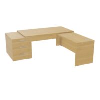 Table rectangulaire Kara sur caisson porteur 3 tiroirs L. 210 cm x 200. cm 2 tops mélamine chêne clair avec retour aligné piètement panneau mélamine chêne clair + voile de fond
