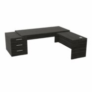 Table rectangulaire Kara sur caisson porteur 3 tiroirs L. 240 cm x 200. cm 2 tops mélamine chêne café avec retour aligné piètement panneau mélamine chêne café + voile de fond