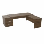 Table rectangulaire Kara sur caisson porteur 3 tiroirs L. 240 cm x 200. cm 2 tops mélamine noyer brun avec retour aligné piètement panneau mélamine noyer brun + voile de fond