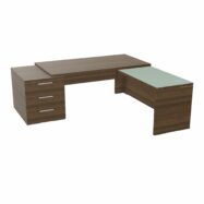 Table rectangulaire Kara sur caisson porteur 3 tiroirs L. 210 cm x 200. cm mélamine noyer brun avec retour aligné top verre émaillé blanc piètement panneau mélamine noyer brun + voile de fond