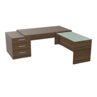 Table rectangulaire Kara sur caisson porteur 3 tiroirs L. 210 cm x 200. cm mélamine noyer brun avec retour aligné top verre émaillé blanc piètement panneau mélamine noyer brun + voile de fond