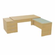 Table rectangulaire Kara sur caisson porteur 3 tiroirs L. 210 cm x 200. cm mélamine chêne clair avec retour aligné top verre émaillé blanc piètement panneau mélamine chêne clair + voile de fond