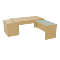 Table rectangulaire Kara sur caisson porteur 3 tiroirs L. 210 cm x 200. cm mélamine chêne clair avec retour aligné top verre émaillé blanc piètement panneau mélamine chêne clair + voile de fond