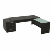 Table rectangulaire Kara sur caisson porteur 3 tiroirs L. 240 cm x 200. cm mélamine chêne café avec retour aligné top verre émaillé blanc piètement panneau mélamine chêne café + voile de fond