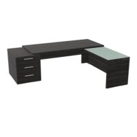 Table rectangulaire Kara sur caisson porteur 3 tiroirs L. 240 cm x 200. cm mélamine chêne café avec retour aligné top verre émaillé blanc piètement panneau mélamine chêne café + voile de fond