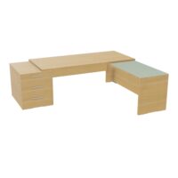 Table rectangulaire Kara sur caisson porteur 3 tiroirs L. 240 cm x 200. cm mélamine chêne clair avec retour aligné top verre émaillé blanc piètement panneau mélamine chêne clair + voile de fond