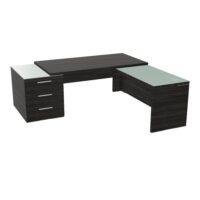 Table rectangulaire Kara sur caisson porteur 3 tiroirs L. 210 cm x 200. cm 2 tops verre émaillé blanc avec retour aligné mélamine chêne café piètement panneau mélamine chêne café + voile de fond (Copie)