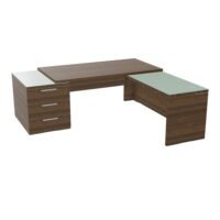 Table rectangulaire Kara sur caisson porteur 3 tiroirs L. 210 cm x 200. cm 2 tops verre émaillé blanc avec retour aligné mélamine noyer brun piètement panneau mélamine noyer brun + voile de fond
