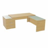 Table rectangulaire Kara sur caisson porteur 3 tiroirs L. 210 cm x 200. cm 2 tops verre émaillé blanc avec retour aligné mélamine chêne clair piètement panneau mélamine chêne clair + voile de fond