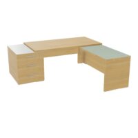 Table rectangulaire Kara sur caisson porteur 3 tiroirs L. 210 cm x 200. cm 2 tops verre émaillé blanc avec retour aligné mélamine chêne clair piètement panneau mélamine chêne clair + voile de fond