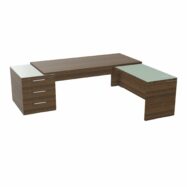 Table rectangulaire Kara sur caisson porteur 3 tiroirs L. 240 cm x 200. cm 2 tops verre émaillé blanc avec retour aligné mélamine noyer brun piètement panneau mélamine noyer brun + voile de fond