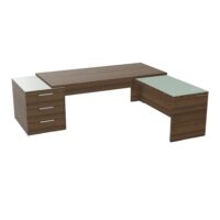 Table rectangulaire Kara sur caisson porteur 3 tiroirs L. 240 cm x 200. cm 2 tops verre émaillé blanc avec retour aligné mélamine noyer brun piètement panneau mélamine noyer brun + voile de fond