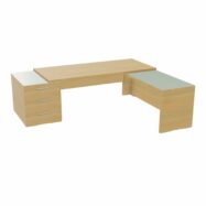 Table rectangulaire Kara sur caisson porteur 3 tiroirs L. 240 cm x 200. cm 2 tops verre émaillé blanc avec retour aligné mélamine chêne clair piètement panneau mélamine chêne clair + voile de fond