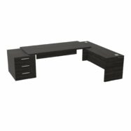 Table rectangulaire Kara sur caisson porteur 3 tiroirs L. 280 cm x 200. cm 2 tops mélamine chêne café avec retour débordant piètement panneau mélamine chêne café + voile de fond