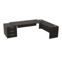 Table rectangulaire Kara sur caisson porteur 3 tiroirs L. 280 cm x 200. cm 2 tops mélamine chêne café avec retour débordant piètement panneau mélamine chêne café + voile de fond