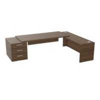 Table rectangulaire Kara sur caisson porteur 3 tiroirs L. 280 cm x 200. cm 2 tops mélamine noyer brun avec retour débordant piètement panneau mélamine noyer brun + voile de fond