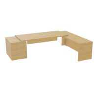 Table rectangulaire Kara sur caisson porteur 3 tiroirs L. 280 cm x 200. cm 2 tops mélamine chêne clair avec retour débordant piètement panneau mélamine chêne clair + voile de fond