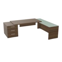 Table rectangulaire Kara sur caisson porteur 3 tiroirs L. 250 cm x 200. cm 1 top mélamine noyer brun avec retour débordant verre émaillé blanc piètement panneau mélamine noyer brun + voile de fond
