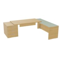 Table rectangulaire Kara sur caisson porteur 3 tiroirs L. 250 cm x 200. cm 1 top mélamine chêne clair avec retour débordant verre émaillé blanc piètement panneau mélamine chêne clair + voile de fond