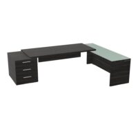 Table rectangulaire Kara sur caisson porteur 3 tiroirs L. 280 cm x 200. cm 1 top mélamine chêne café avec retour débordant verre émaillé blanc piètement panneau mélamine chêne café + voile de fond