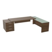 Table rectangulaire Kara sur caisson porteur 3 tiroirs L. 280 cm x 200. cm 1 top mélamine noyer brun avec retour débordant verre émaillé blanc piètement panneau mélamine noyer brun + voile de fond