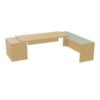 Table rectangulaire Kara sur caisson porteur 3 tiroirs L. 280 cm x 200. cm 1 top mélamine chêne café avec retour débordant verre émaillé blanc piètement panneau mélamine chêne café + voile de fond (Copie)