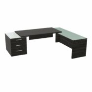 Table rectangulaire Kara sur caisson porteur 3 tiroirs L. 250 cm x 200. cm 2 tops verre émaillé blanc avec retour débordant mélamine chêne café piètement panneau mélamine chêne café + voile de fond