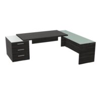 Table rectangulaire Kara sur caisson porteur 3 tiroirs L. 250 cm x 200. cm 2 tops verre émaillé blanc avec retour débordant mélamine chêne café piètement panneau mélamine chêne café + voile de fond