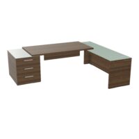 Table rectangulaire Kara sur caisson porteur 3 tiroirs L. 250 cm x 200. cm 2 tops verre émaillé blanc avec retour débordant mélamine noyer brun piètement panneau mélamine noyer brun + voile de fond