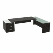 Table rectangulaire Kara sur caisson porteur 3 tiroirs L. 280 cm x 200. cm 2 tops verre émaillé blanc avec retour débordant mélamine chêne café piètement panneau mélamine chêne café + voile de fond