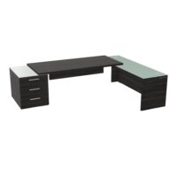 Table rectangulaire Kara sur caisson porteur 3 tiroirs L. 280 cm x 200. cm 2 tops verre émaillé blanc avec retour débordant mélamine chêne café piètement panneau mélamine chêne café + voile de fond