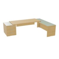 Table rectangulaire Kara sur caisson porteur 3 tiroirs L. 280 cm x 200. cm 2 tops verre émaillé blanc avec retour débordant mélamine chêne clair piètement panneau mélamine chêne clair + voile de fond