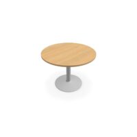 Table de réunion individuelle ronde Ø 100 cm ép. 25 mm décor chêne clair sur piétement central fixe rond gris aluminium