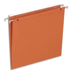 Boîte de 25 dossiers suspendus TIROIR, kraft 220g. Fond V, volet agrafage+pression. Coloris Orange